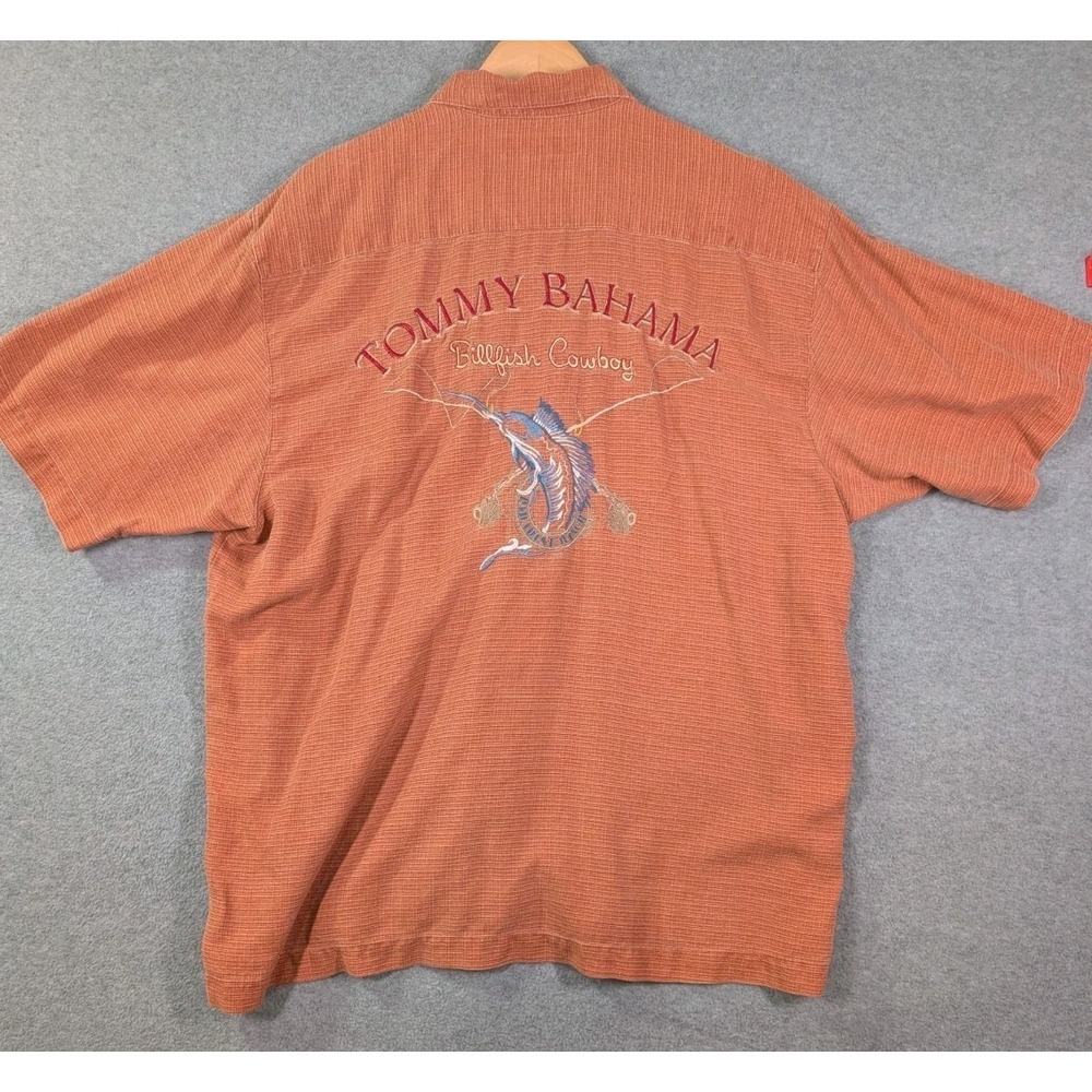 Tommy Bahama Billfish Cowboy Orange Silk Camp Shirt XL Embroidered Fishing